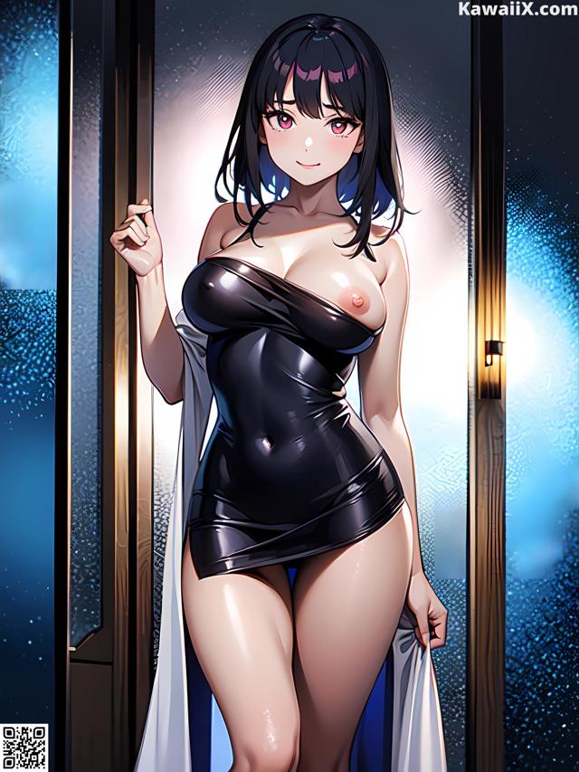 A woman in a black dress standing in front of a door.