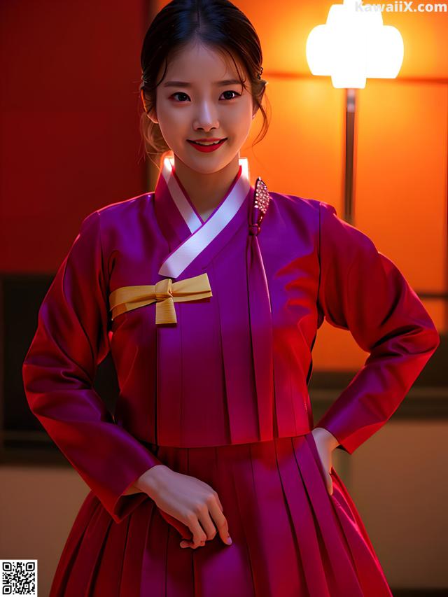 A woman in a red dress standing in front of a lamp.