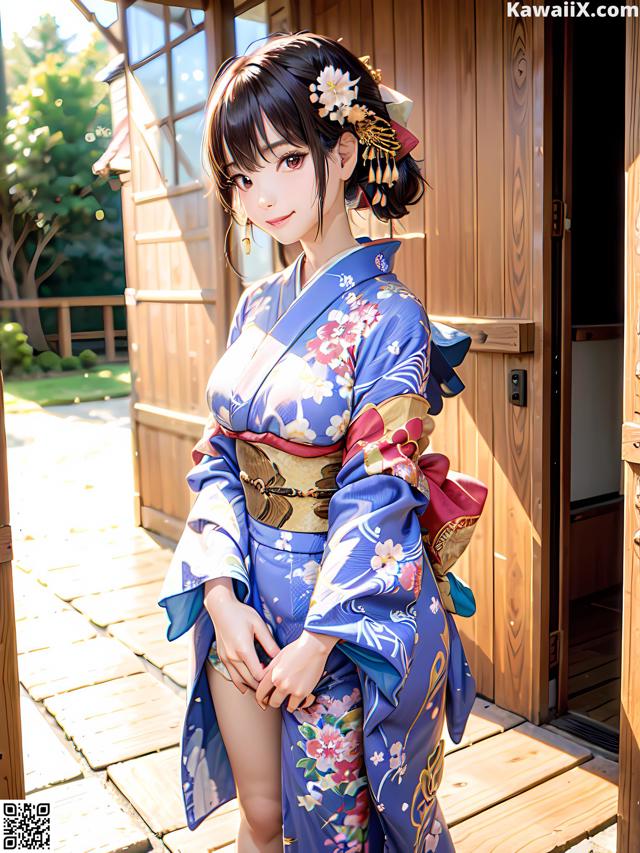 A woman in a blue kimono standing in front of a building.