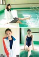 A collage of photos of a girl in a swimming pool.