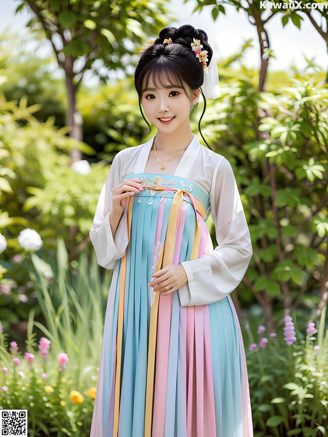 A woman in a blue and pink hanbok standing in a garden.