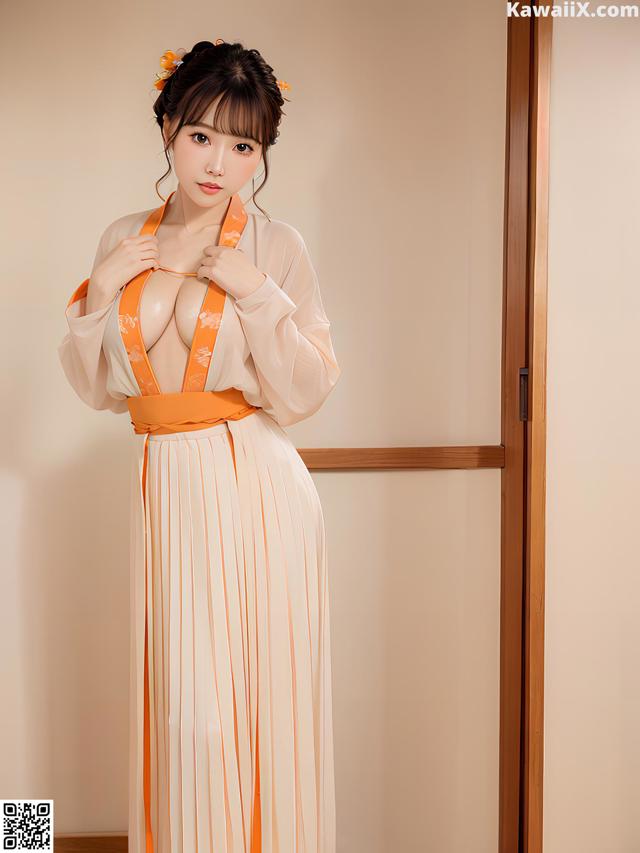 A woman in a white and orange dress posing for a picture.